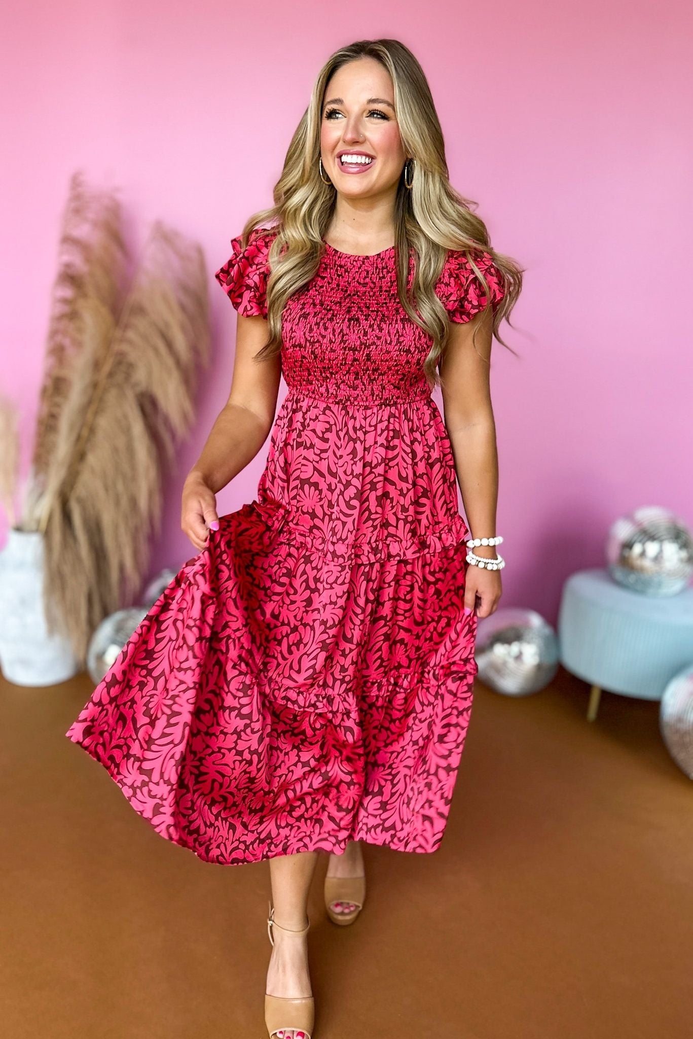Load image into Gallery viewer, Fuchsia Floral Printed Smocked Flutter Sleeve Midi Dress, must have dress, fall dress, summer to fall dress, summer to fall style, elevated style, mom style, fall style, must have dress, must have style, shop style your senses by mallory fitzsimmons

