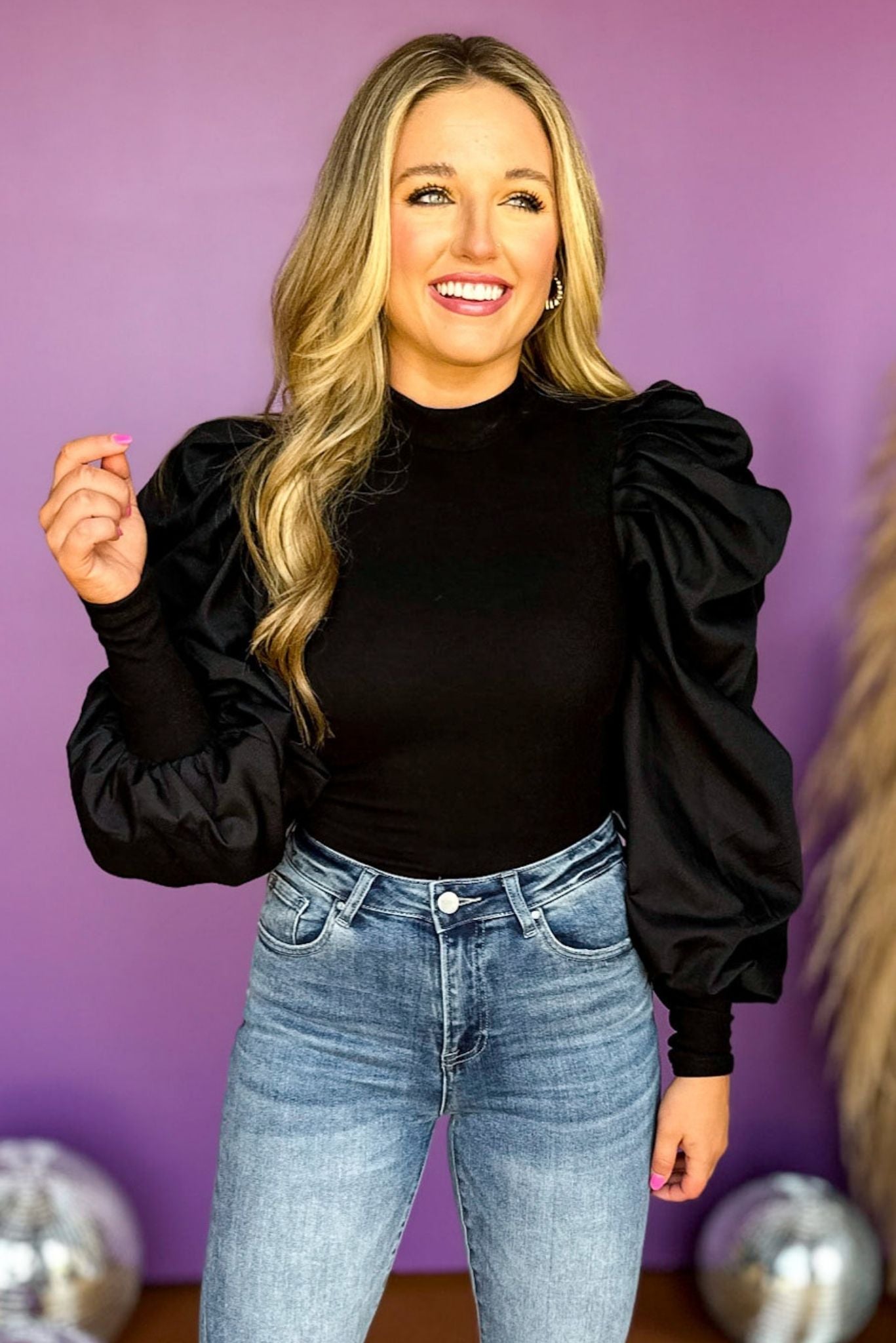 Load image into Gallery viewer, Black Long Puff Sleeve Top, must have top, must have sleeves, must have fall, fall top, fall style, elevated style, mom style chic style, shop style your senses by mallory fitzsimmons
