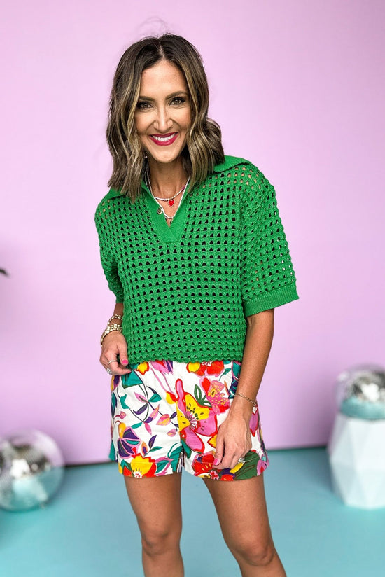 Load image into Gallery viewer,  Kelly Green Open Knit Polo Sweater Top, Knit Top, Green Top, Summer Top, Summer Style, Mom Style, Shop Style Your Senses by Mallory Fitzsimmons
