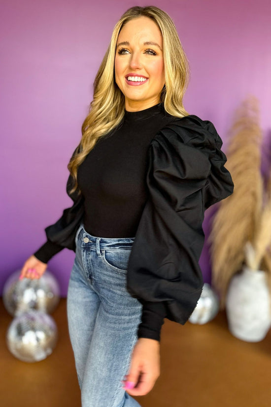 Load image into Gallery viewer, Black Long Puff Sleeve Top, must have top, must have sleeves, must have fall, fall top, fall style, elevated style, mom style chic style, shop style your senses by mallory fitzsimmons
