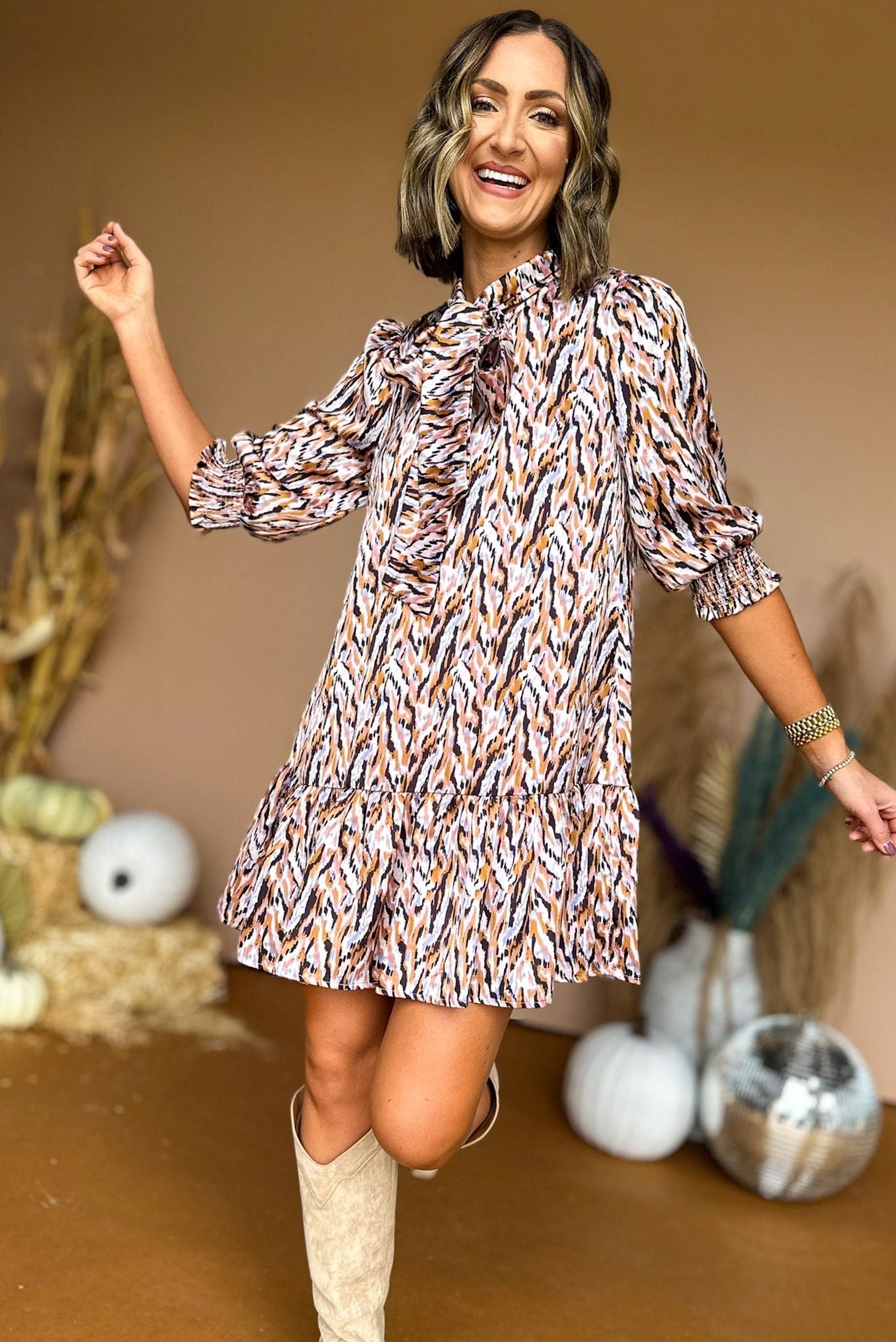 Load image into Gallery viewer,  Camel Lilac Abstract Print Puff Sleeve Tiered Dress, must have dress, must have style, fall style, fall fashion, elevated style, elevated dress, mom style, fall collection, fall dress, shop style your senses by mallory fitzsimmons
