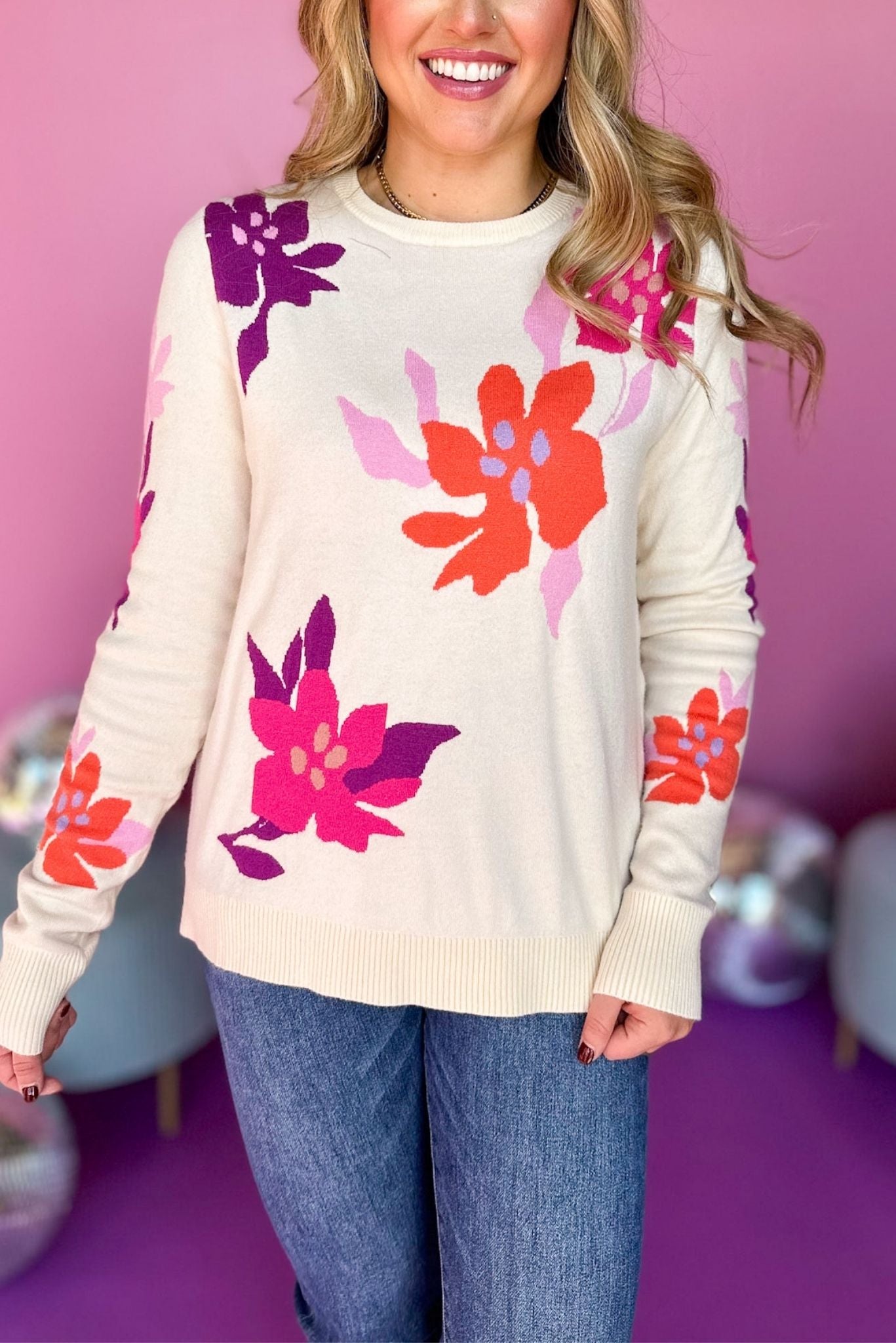 THML Cream Floral Printed Long Sleeve Sweater, must have sweater, must have style, must have fall, fall collection, fall fashion, elevated style, elevated sweater, mom style, fall style, shop style your senses by mallory fitzsimmons