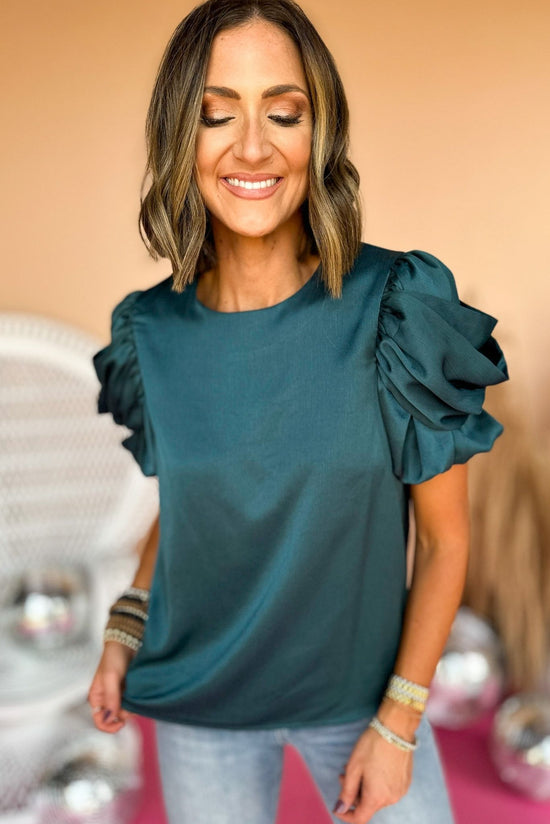 Hunter Green Ruffled Short Sleeve Top, elevated top, elevated style, must have top, must have style, must have fall, fall fashion, fall top, fall family photos, mom style, shop style your senses by mallory fitzsimmons