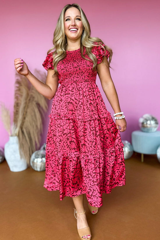 Load image into Gallery viewer, Fuchsia Floral Printed Smocked Flutter Sleeve Midi Dress, must have dress, fall dress, summer to fall dress, summer to fall style, elevated style, mom style, fall style, must have dress, must have style, shop style your senses by mallory fitzsimmons

