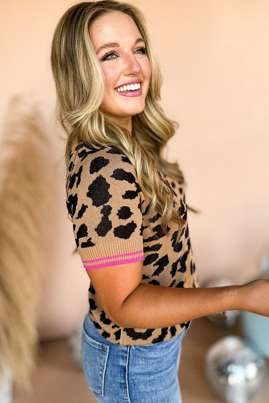 Load image into Gallery viewer, Camel Fuchsia Animal Printed Colorblock Short Sleeve Knit Top, animal print top, mom style, mom chic, fall style, elevated style, must have fall, must have top, transition piece, shop style your senses by mallory fitzsimmons
