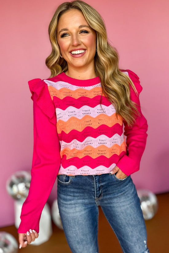 Hot Pink Wave Textured Frill Shoulder Sweater,  must have sweater, must have style, must have fashion, fall fashion, fall style, elevated style, elevated sweater, elevated fashion, mom style, shop style your senses by mallory fitzsimmons