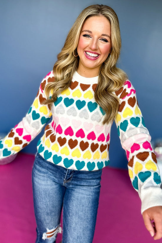  Cream Multi Color Heart Knit Long Sleeve Sweater,  elevated style, elevated sweater, must have sweater, must have style, must have print, printed sweater, heart sweater, fall style, fall fashion, mom style, fun mom sweater, shop style your senses by mallory fitzsimmons