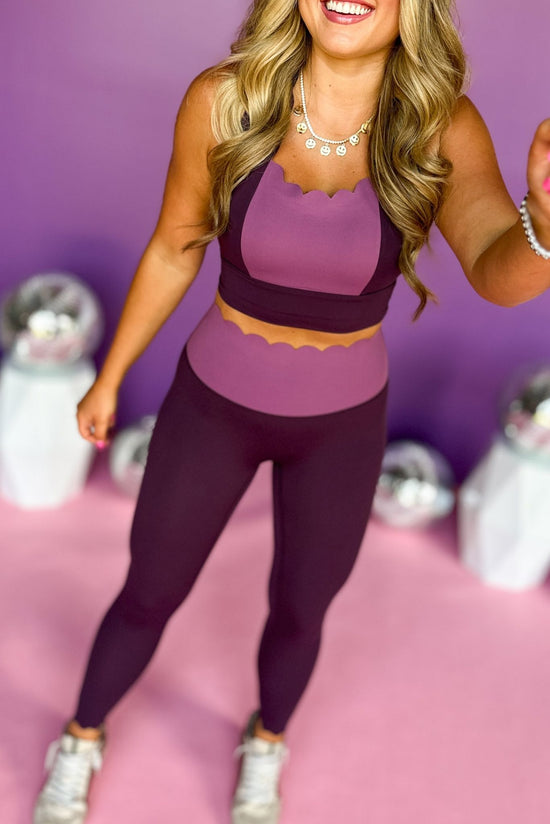 Load image into Gallery viewer, SSYS Dk Plum Purple Colorblock Scallop Seamless Leggings Version 2, elevated leggings, stylish leggings, must have leggings, elevated style, mom style, athleisure, ssys the lablel, ssys athleisure, shop style your sneses by mallory fitzsimmons

