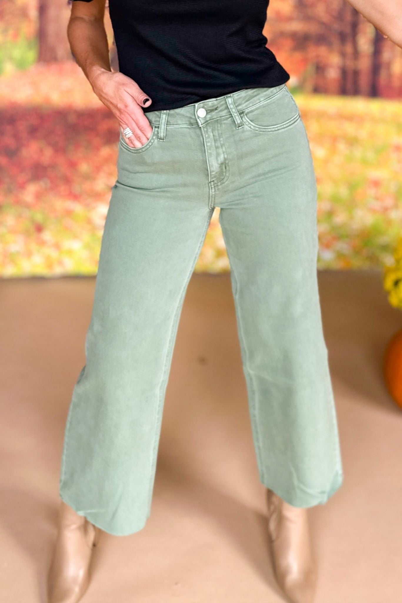 Load image into Gallery viewer, Vervet Army Green High Rise Crop Wide Leg Jeans, must have pants, must have style, street style, fall style, fall fashion, fall pants, elevated style, elevated pants, mom style, shop style your senses by mallory fitzsimmons
