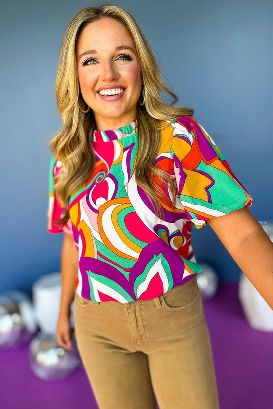 Load image into Gallery viewer, Purple Abstract Frill Neck Bubble Short Sleeve Top, must have top, must have style, must have fall, fall collection, fall fashion, elevated style, elevated top, mom style, fall style, shop style your senses by mallory fitzsimmons
