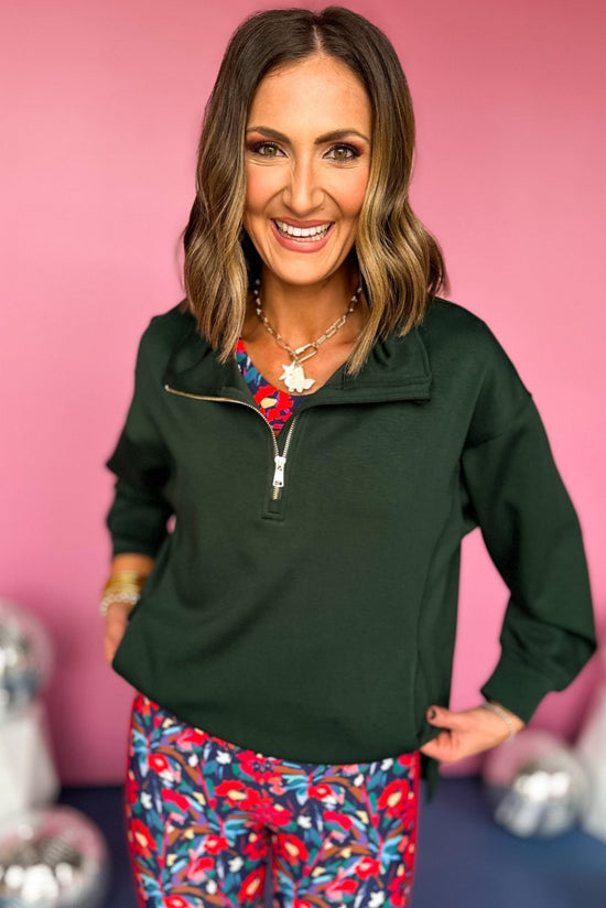 SSYS The Ainsley Pullover In Hunter, must have pullover, must have athleisure, elevated style, elevated athleisure, mom style, active style, active wear, fall athleisure, fall style, comfortable style, elevated comfort, shop style your senses by mallory fitzsimmons