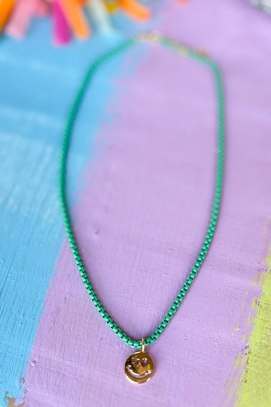 SSYS Emerald Green Smiley Face Acrylic Dainty Necklace, smiley face, new arrival, charm necklace, layered look, shop style your senses by mallory fitzsimmons