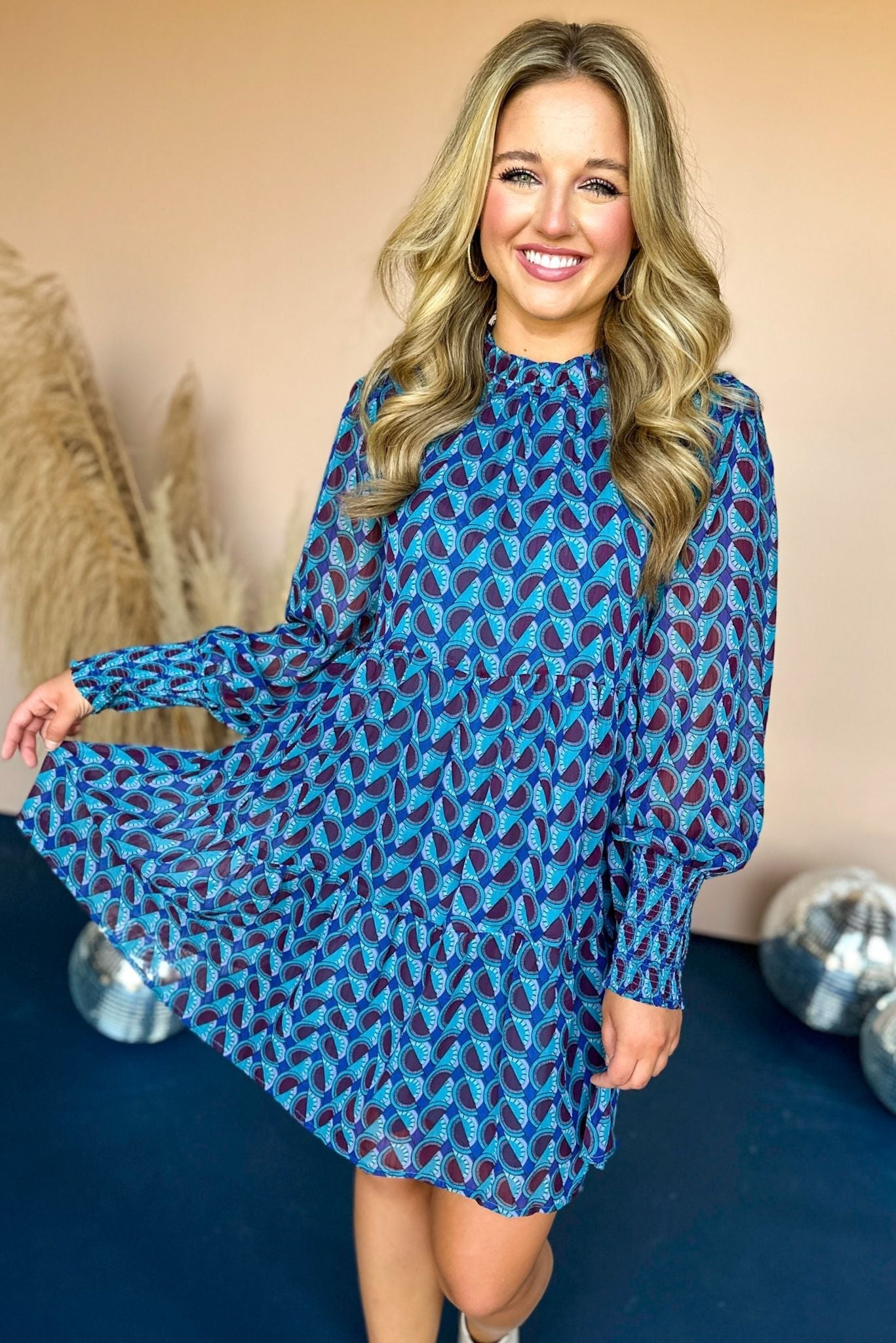Load image into Gallery viewer, Blue Geometric Printed Bubble Sleeve Tiered Dress, elevated dress, elevated stye, must have dress, must have style, printed dress, fall sweater, fall fashion, mom style, shop style your senses by mallory fitzsimmons

