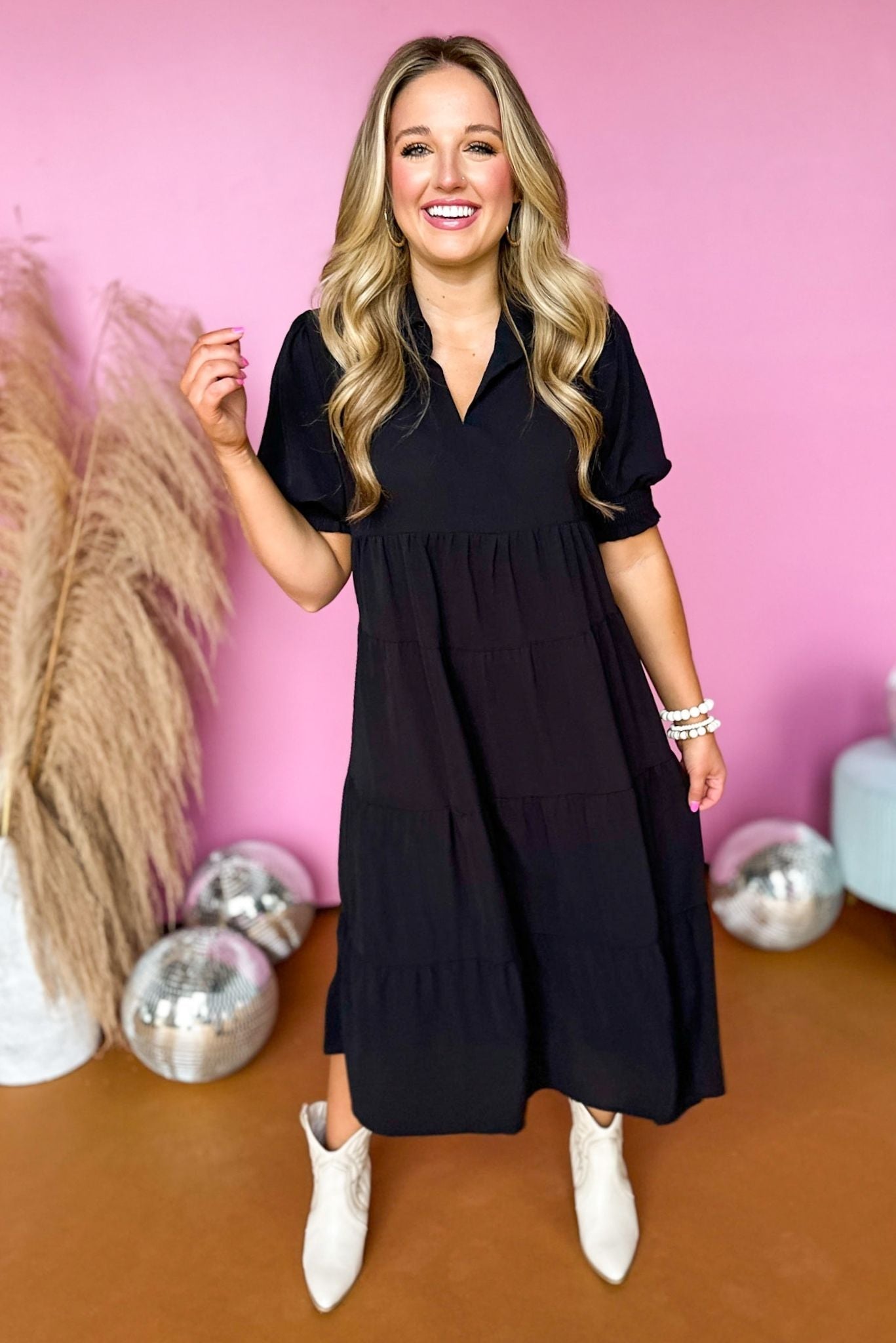 Black Smocked Cuff Short Sleeve Collared Tiered Dress, must have dress, midi dress, elevated style, mom style, fall style, summer to fall dress, must have dress, must have style, shop style your senses by mallory fitzsimmons