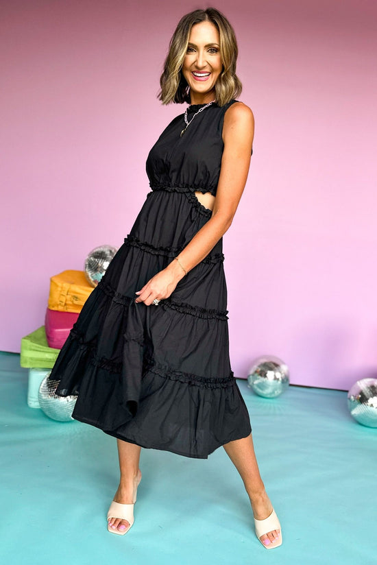 Load image into Gallery viewer, Black Cut Out Tiered Midi Dress, summer dress, night out dress, elevated style, shop style your senses by mallory fitzsimmons
