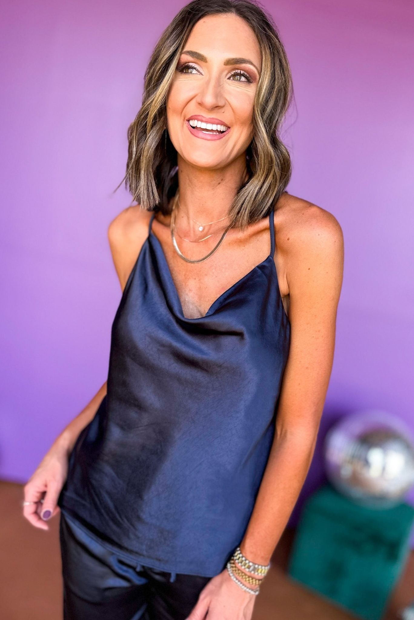 Load image into Gallery viewer, Navy Cowl Neck Satin Cami Top, must have top, must have set, matching set, elevated style, elevated look, satin top, satin set, fall event, fall style, mom style, shop style your senses by mallory fitzsimmons
