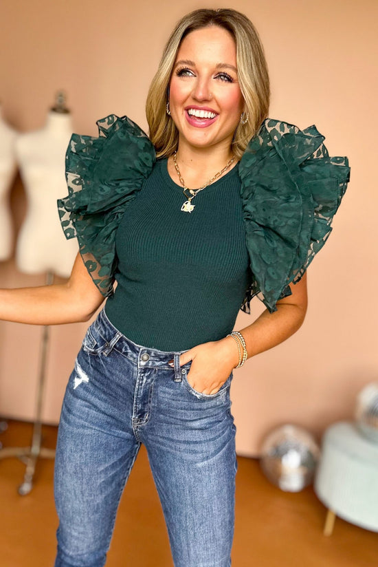 Hunter Green Ribbed Ruffle Short Sleeve Top, must have top, must have style, fall style, fall fashion, elevated style, elevated dress, mom style, fall collection, fall top, shop style your senses by mallory fitzsimmons