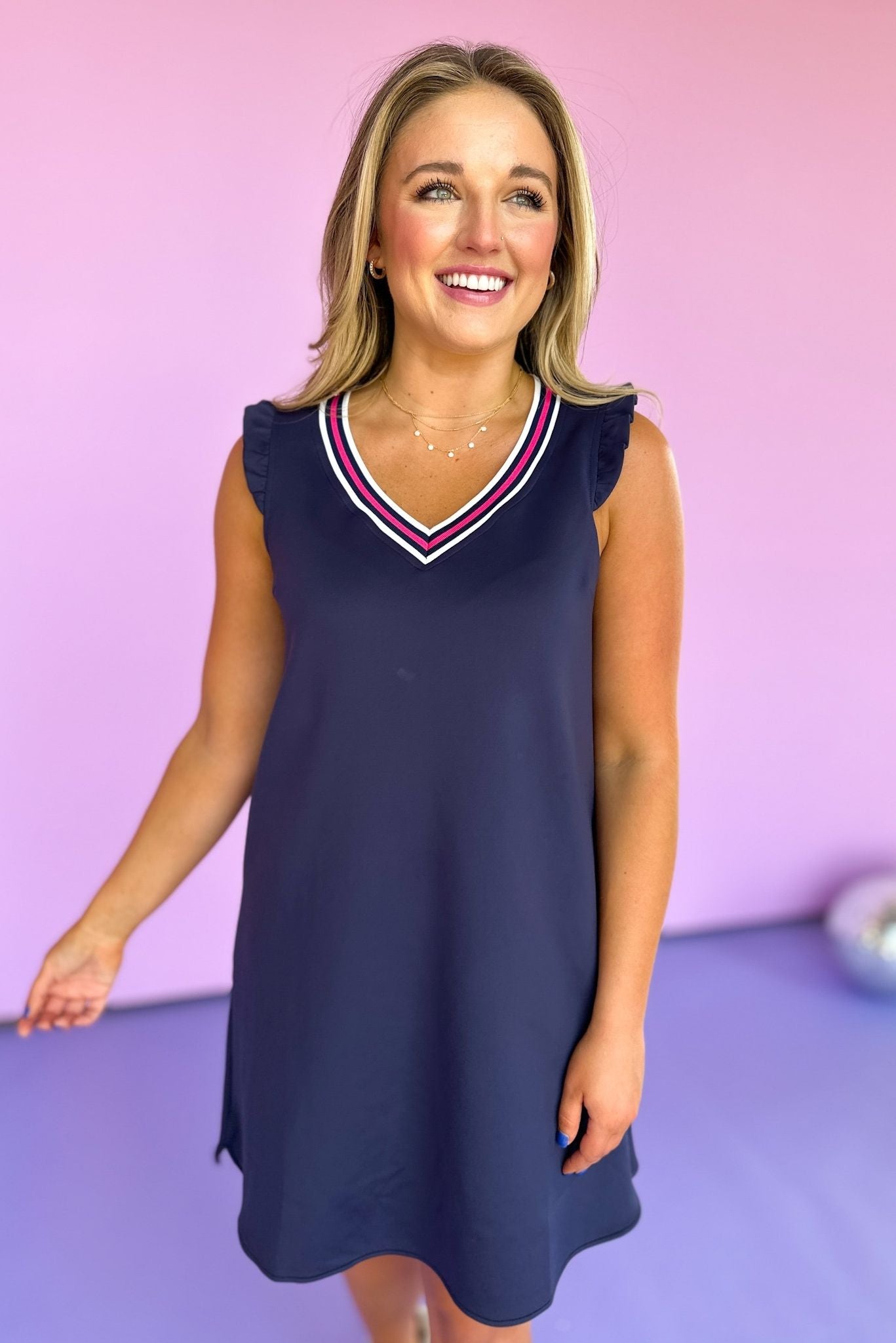 SSYS Navy Scuba V Neck Active Dress With White Navy and Pink Stripe Trim, ruffle sleeve, v neck, easy fit, summer dress, must have, shop style your senses by mallory fitzsimmons