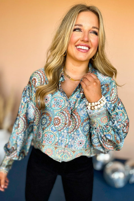 Teal Green Aztec Printed Button Down Blouson Sleeve Top, must have top, must have style, must have fall, fall collection, fall fashion, elevated style, elevated top, mom style, fall style, shop style your senses by mallory fitzsimmons