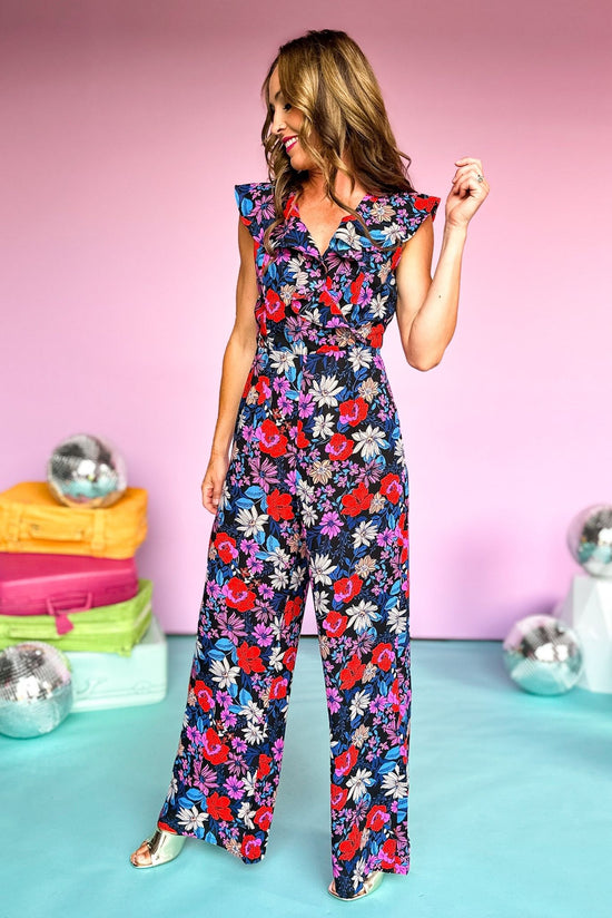 Black Floral Printed Ruffle Wide Leg Sleeveless Jumpsuit, summer jumpsuit, floral jumpsuit, elevated style, shop style your senses by mallory fitzsimmons