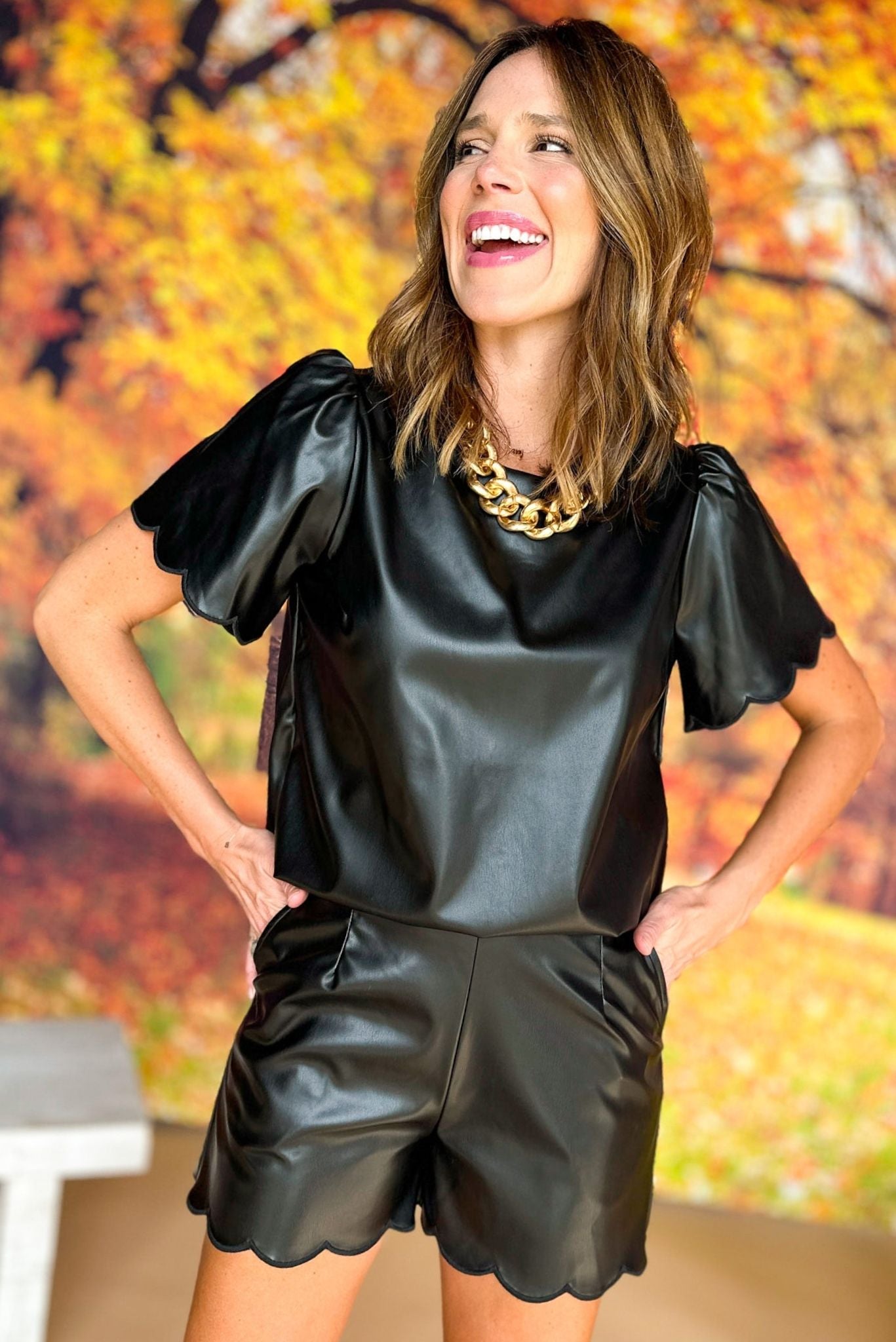  Black Faux Leather Scalloped Top, must have top, must have style, must have fall, fall collection, fall fashion, elevated style, elevated top, mom style, fall style, shop style your senses by mallory fitzsimmons