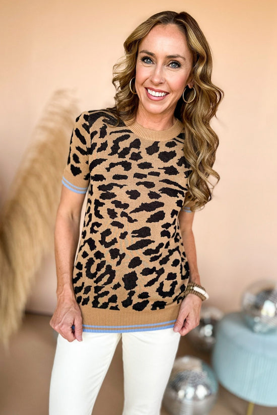 Camel Blue Animal Printed Colorblock Short Sleeve Knit Top, mom chic, mom style, carpool chic, animal print top, elevated style, elevated top, must have top, must have style, fall top, fall style, transition piece, shop style your senses by mallory fitzsimmons