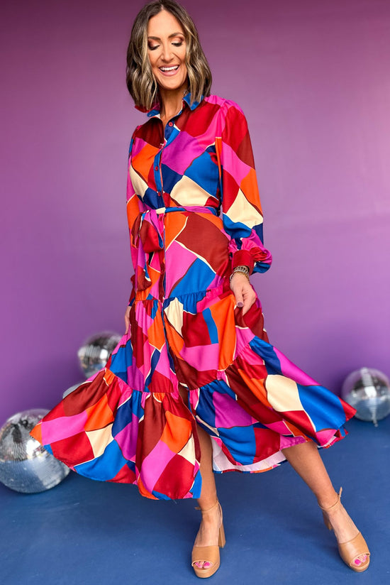Load image into Gallery viewer, Fuchsia Abstract Printed Midi Dress, must have dress, must have style, fall style, fall fashion, elevated style, elevated dress, mom style, fall collection, fall dress, shop style your senses by mallory fitzsimmons
