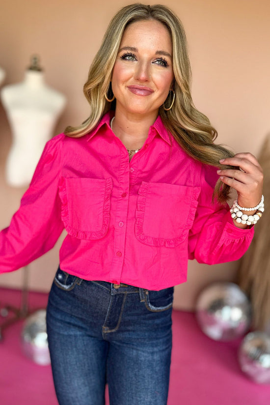 Load image into Gallery viewer, fuchsia frilled pocket button front top, fall essential, layering piece, elevated basic, mom style, easy to wear, shop style your senses by mallory fitzsimmons
