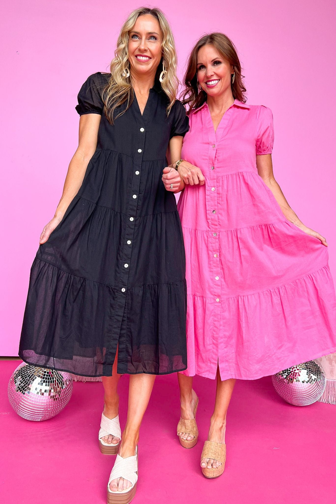 Load image into Gallery viewer, Black Button Front Tiered Midi Dress *FINAL SALE*
