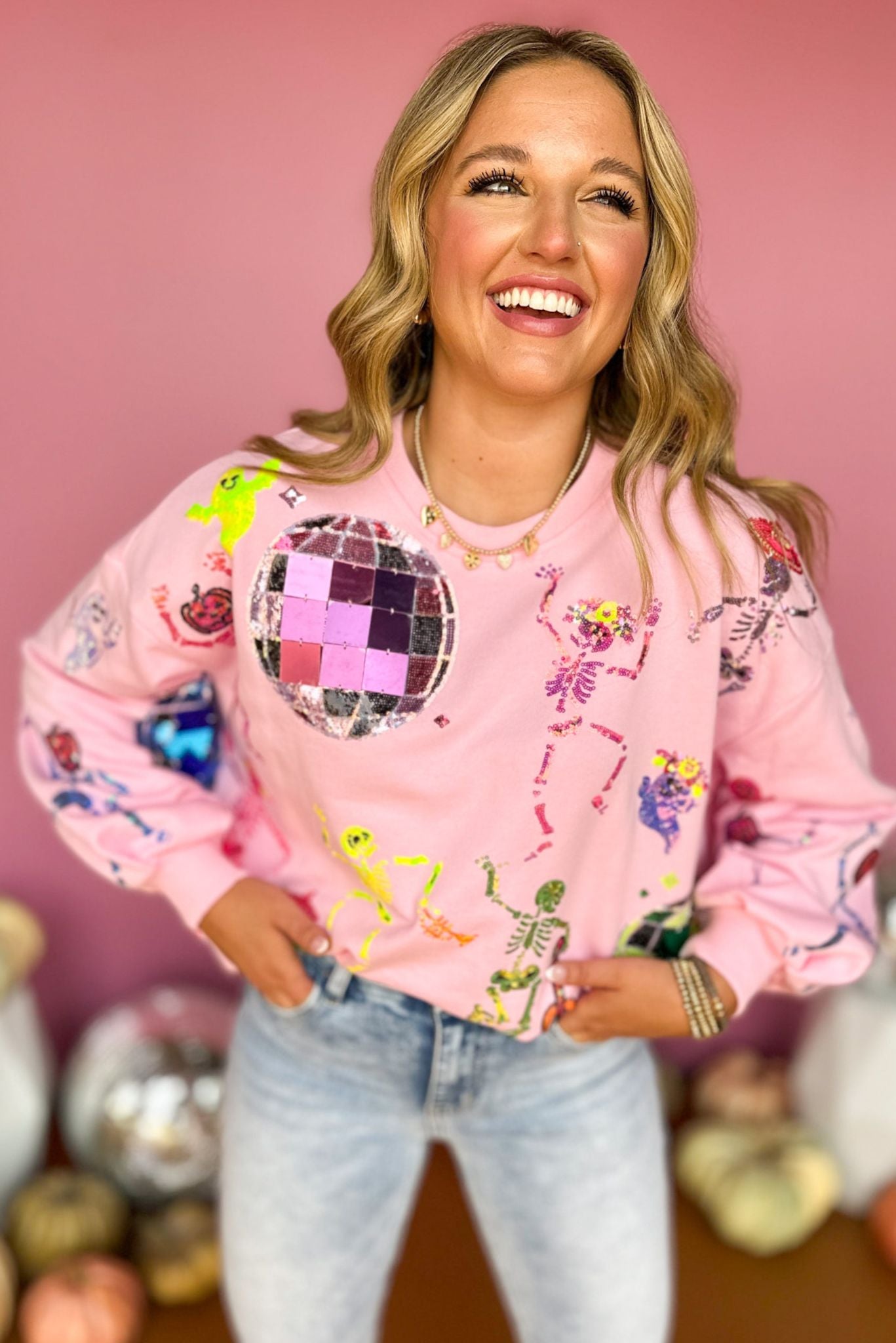 Queen Of Sparkles Pink Skelton Disco Party Sweatshirt, must have sweatshirt, must have style, must have sparkle, QOS, Queen of sparkles, fall fashion, elevated fall, elevated style, mom style, shop style your senses by mallory fitzsimmons