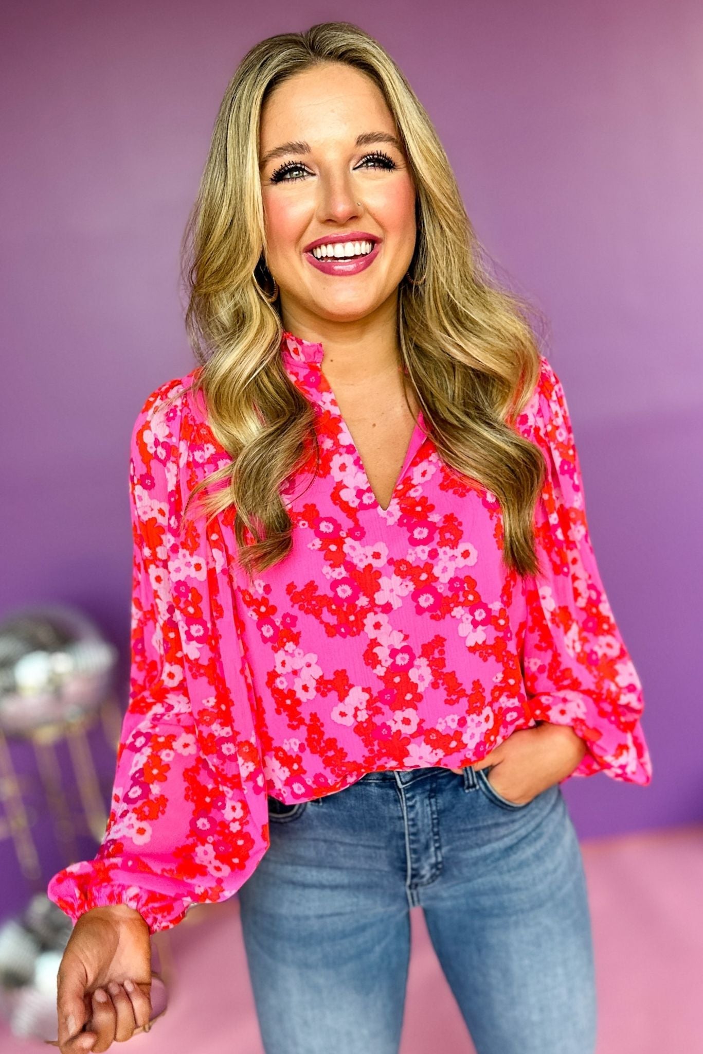  Fuchsia Floral Printed Split Neck Long Sleeve Top, elevated top, elevated style, mom style, fun mom style, fall top, fall style, printed top, floral top, must have print, must have style, must have top, shop style your senses by mallory fitzsimmons