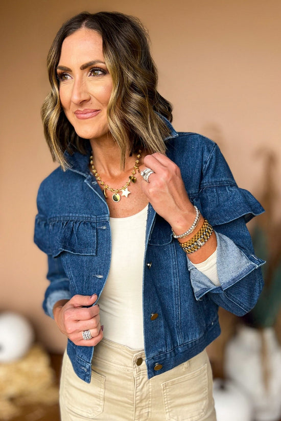 Blue Medium Wash Ruffle Button Front Denim Jacket, must have jacket, must have style, fall style, fall fashion, denim jcket, elevated style, fall collection, shop style your senses by mallory fitzsimmons