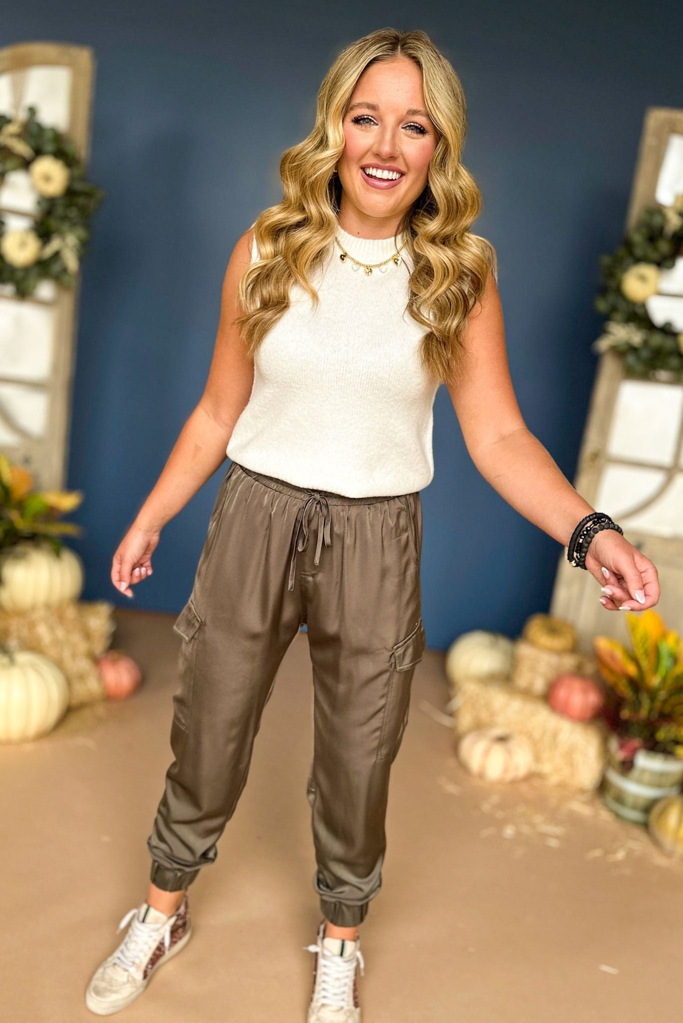 Load image into Gallery viewer, Green Satin Jogger Pants, must have pants, must have style, street style, fall style, fall fashion, fall pants, elevated style, elevated pants, mom style, shop style your senses by mallory fitzsimmons
