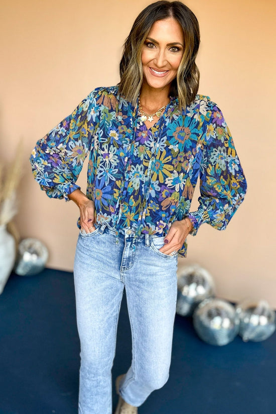 Load image into Gallery viewer, Navy Floral Printed Chiffon Tie Neck Long Sleeve Top, elevated top, elevaed style, must have top, must have style, fall top, printed top, mom style, fall fashion, shop style your senses by mallory fitzsimmons
