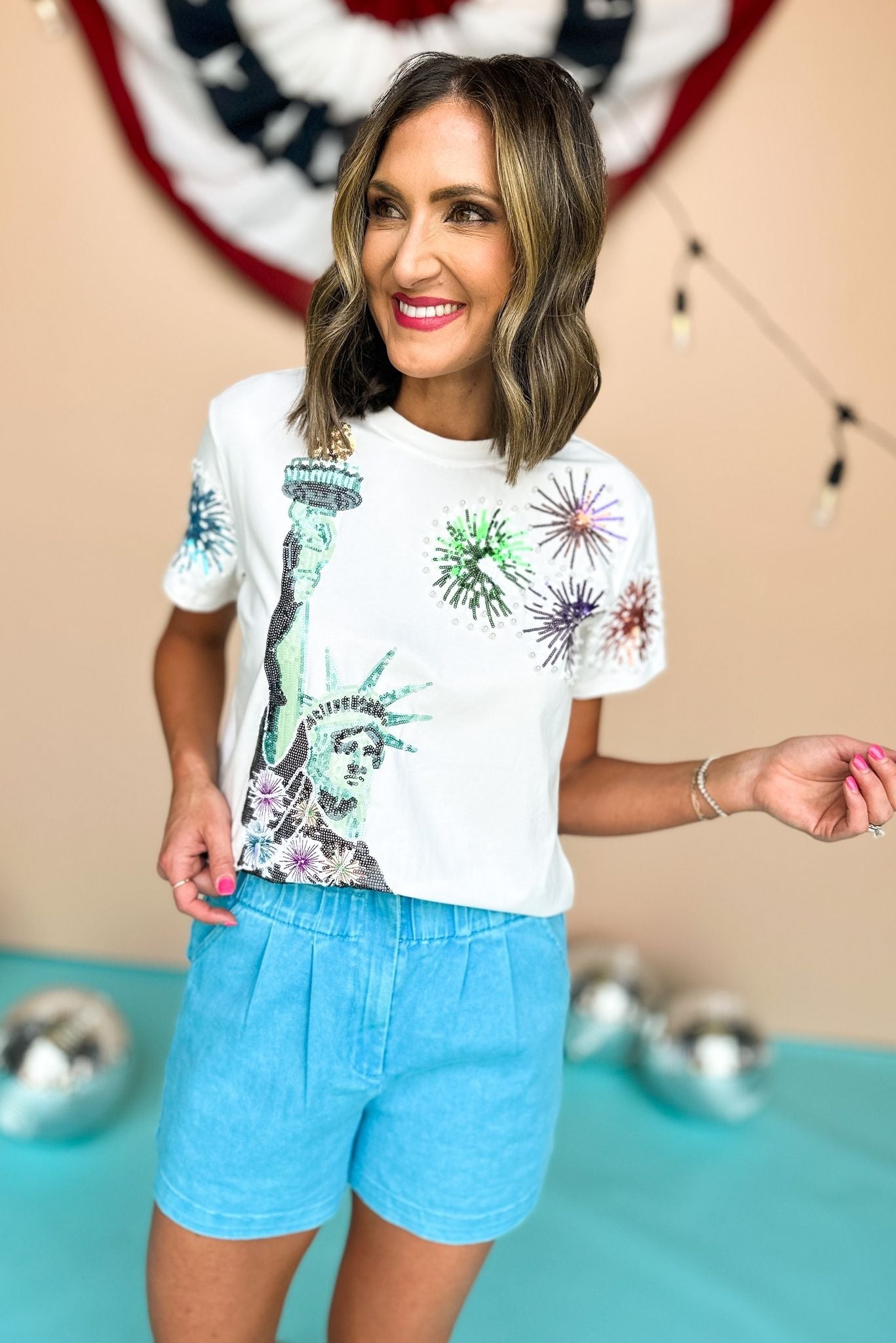 Queen Of Sparkles White Firework Lady Liberty Tee, Queen of Sparkles, Fourth of July, Summer Top, Sparkle Top, Mom Style, Shop Style Your Senses by Mallory Fitzsimmons