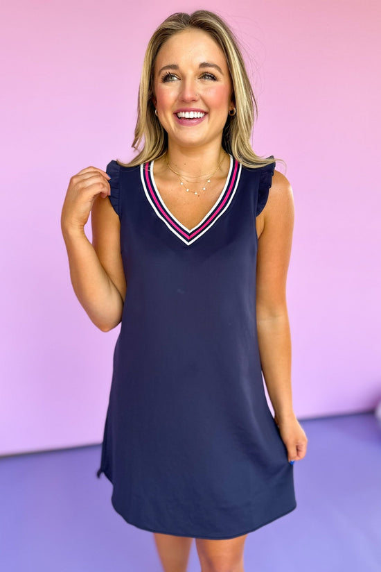 SSYS Navy Scuba V Neck Active Dress With White Navy and Pink Stripe Trim, ruffle sleeve, v neck, easy fit, summer dress, must have, shop style your senses by mallory fitzsimmons