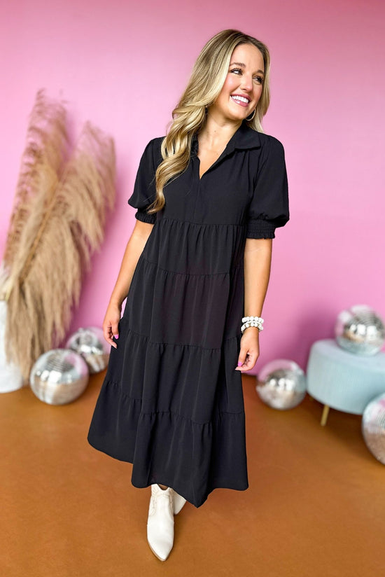 Black Smocked Cuff Short Sleeve Collared Tiered Dress, must have dress, midi dress, elevated style, mom style, fall style, summer to fall dress, must have dress, must have style, shop style your senses by mallory fitzsimmons