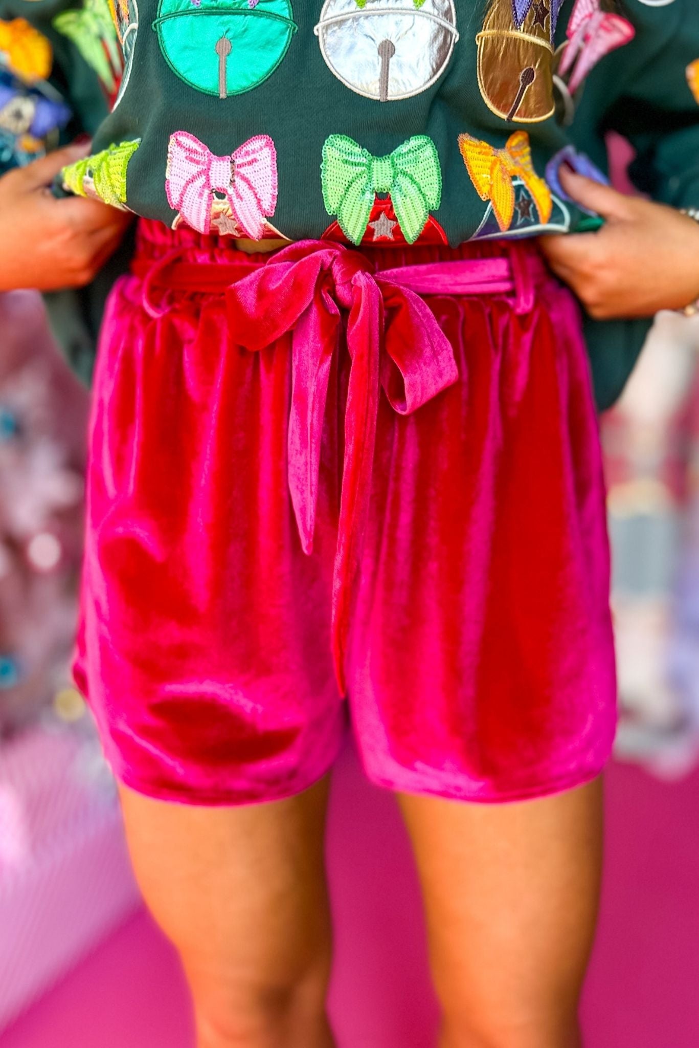 Load image into Gallery viewer,  Cranberry Velvet Belted Paper Bag Shorts, must have shorts, must have style, elevated style, elevated shorts, velvet shorts, holiday style, must have holiday, mom style, shop style your senses by mallory fitzsimmons
