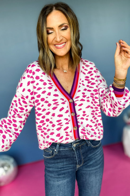 Magenta Animal Printed Jacquard Knit Button Front Cardigan, elevated style, elevated cardigan, must have style, must have print, must have cardigan, mom style, fun mom style, fun mom cardigan, fall style, fall cardigan, shop style your senses by mallory fitzsimmons