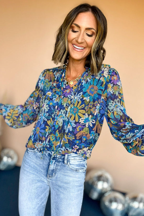 Load image into Gallery viewer, Navy Floral Printed Chiffon Tie Neck Long Sleeve Top, elevated top, elevaed style, must have top, must have style, fall top, printed top, mom style, fall fashion, shop style your senses by mallory fitzsimmons
