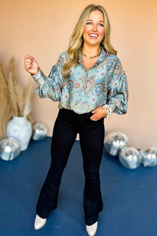 Teal Green Aztec Printed Button Down Blouson Sleeve Top, must have top, must have style, must have fall, fall collection, fall fashion, elevated style, elevated top, mom style, fall style, shop style your senses by mallory fitzsimmons