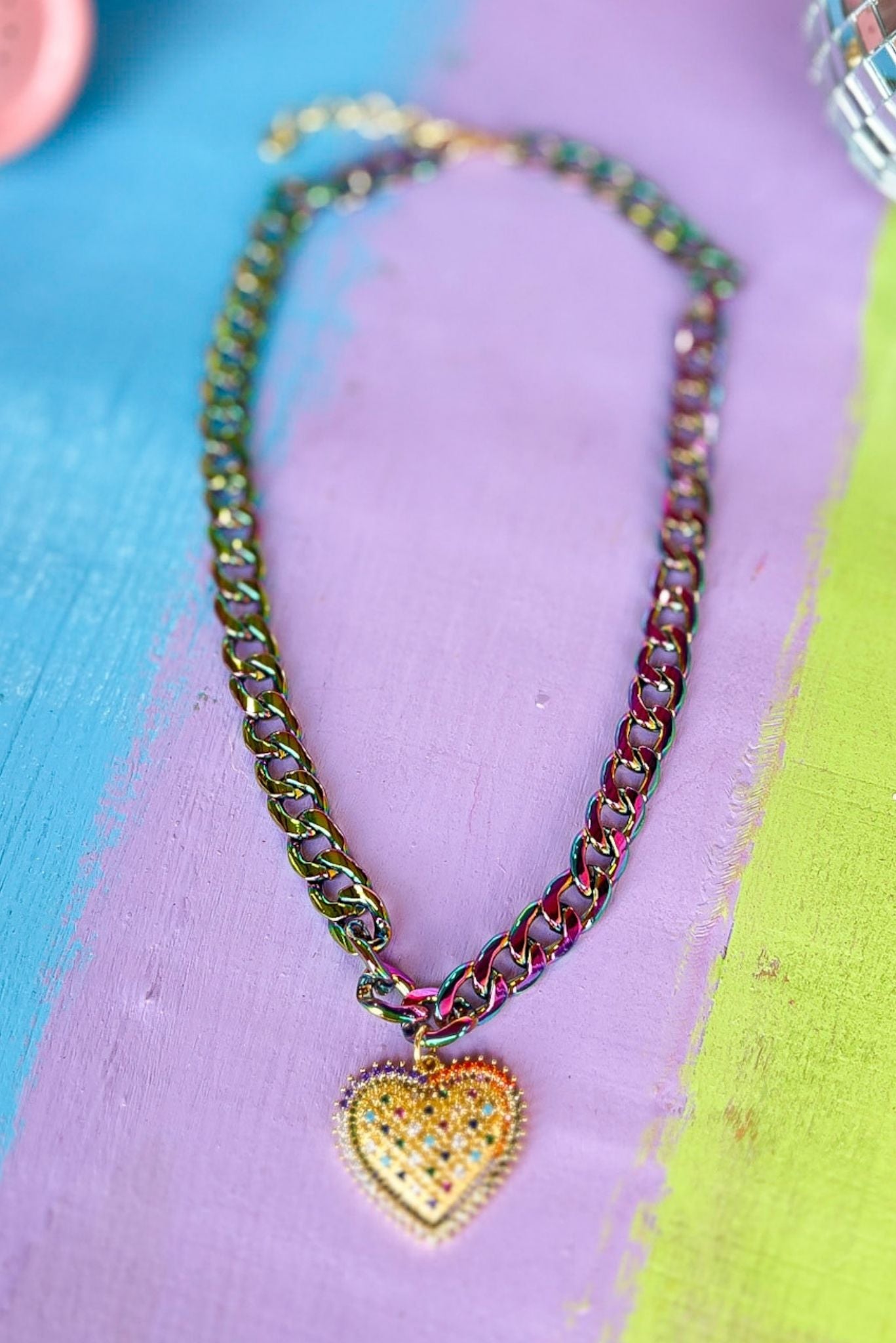 SSYS Iridescent Gold Jeweled Heart Pendant Chain Necklace, Accessory, Necklace, Shop Style Your Senses by Mallory Fitzsimmons