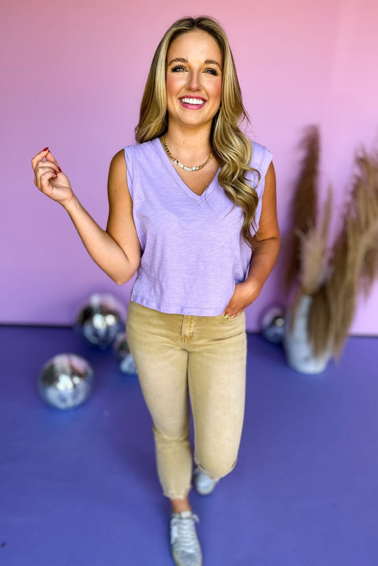 Load image into Gallery viewer, Lavender V Neck Sleeveless Exposed Seam Tank Top, summer tank, must have, mom style, elevated style, shop style your senses by mallory fitzsimmons

