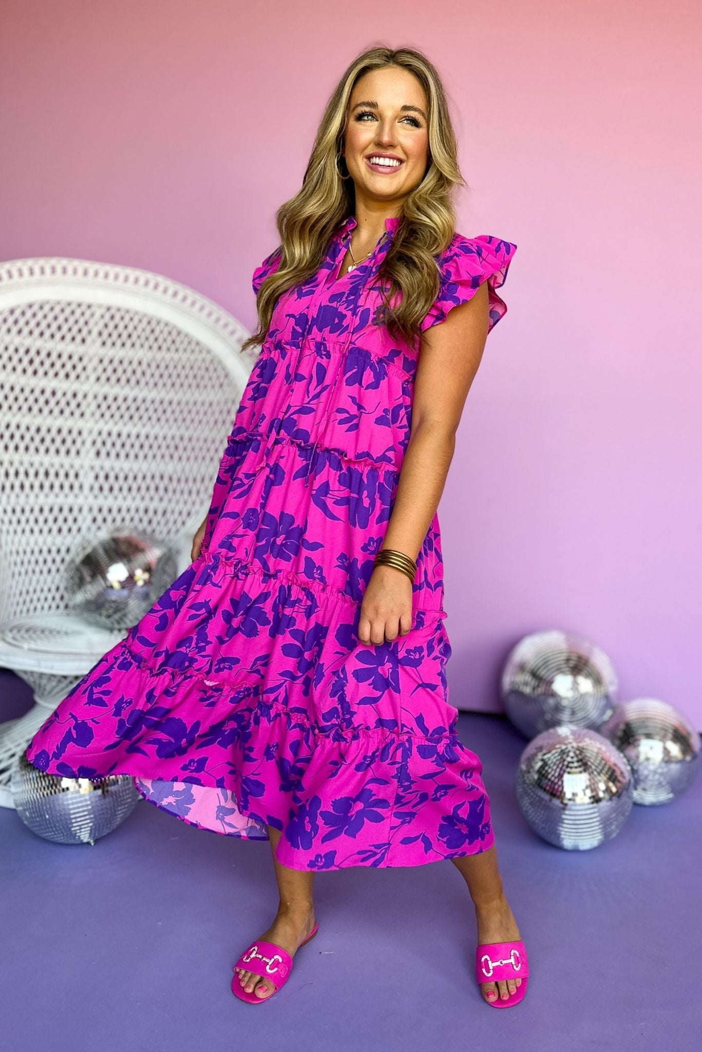 Load image into Gallery viewer, Magenta Floral Printed Split Neck Flutter Sleeve Tiered Maxi Dress, summer dress, floral dress, elevated style, shop style your senses by mallory fitzsimmons
