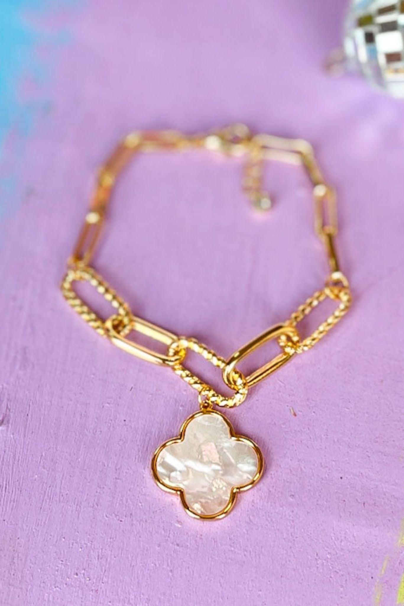 Gold Mother of Pearl Quatrefoil Charm Bracelet, mother of pearl, pearl, charm, everyday wear, shop style your senses by mallory fitzsimmons