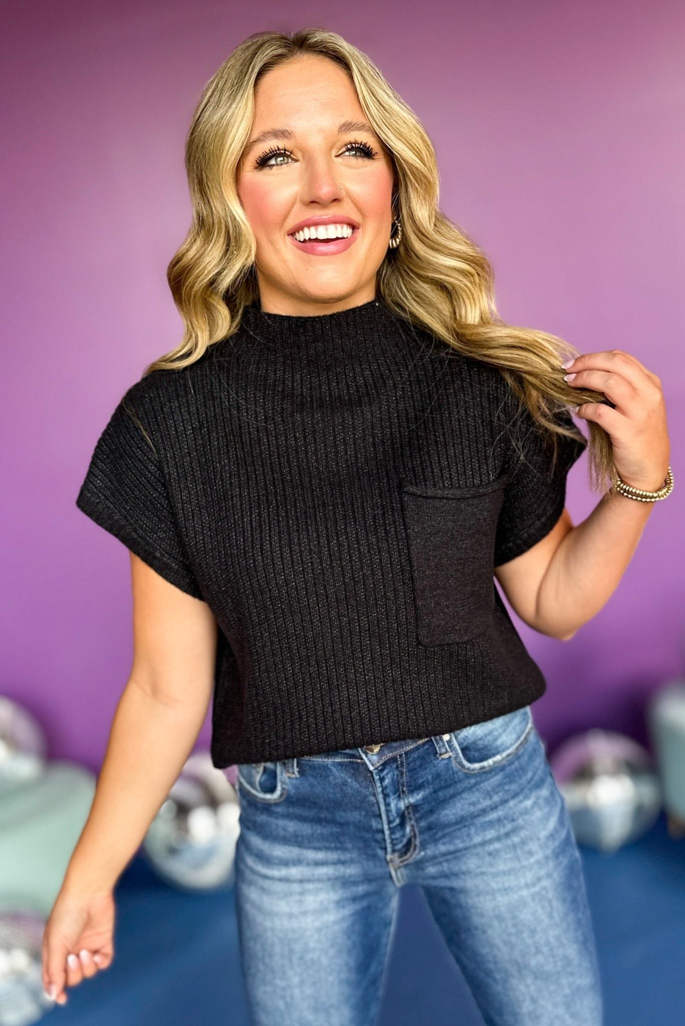 Black Knitted Pocket Detail Mock Neck Cropped Top, must have top, must have style, must have fall, fall collection, fall fashion, elevated style, elevated top, mom style, fall style, cropped top, pocket detail, shop style your senses by mallory fitzsimmons