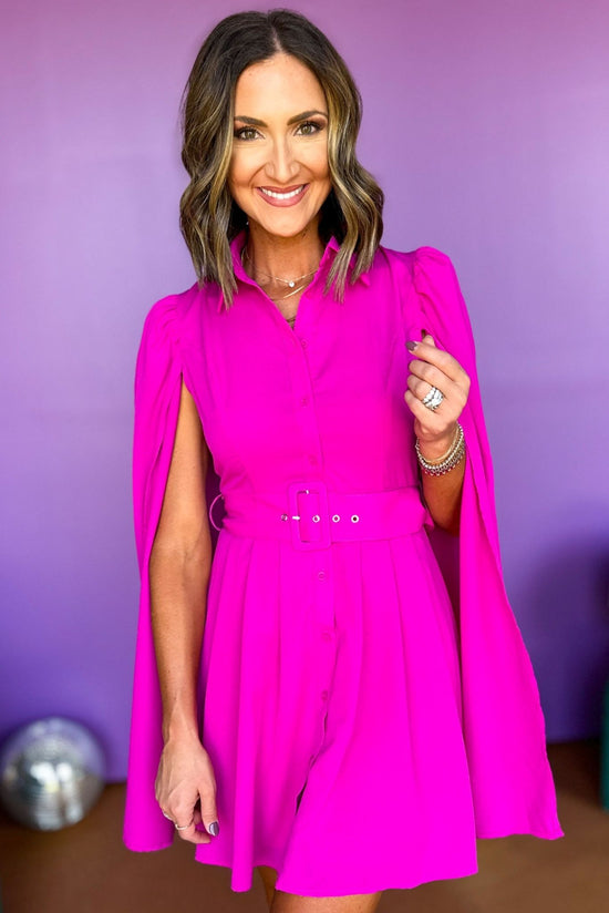 Magenta Button Front Caplet Belted Shirt Dress, elevated dress, wedding guest dress, wedding guest style, fall event style, event style, must have dress, must have style, must have wedding guest, elevated style, mom style, shop style your senses by mallory fitzsimmons