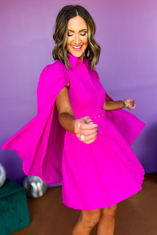 Magenta Button Front Caplet Belted Shirt Dress, elevated dress, wedding guest dress, wedding guest style, fall event style, event style, must have dress, must have style, must have wedding guest, elevated style, mom style, shop style your senses by mallory fitzsimmons