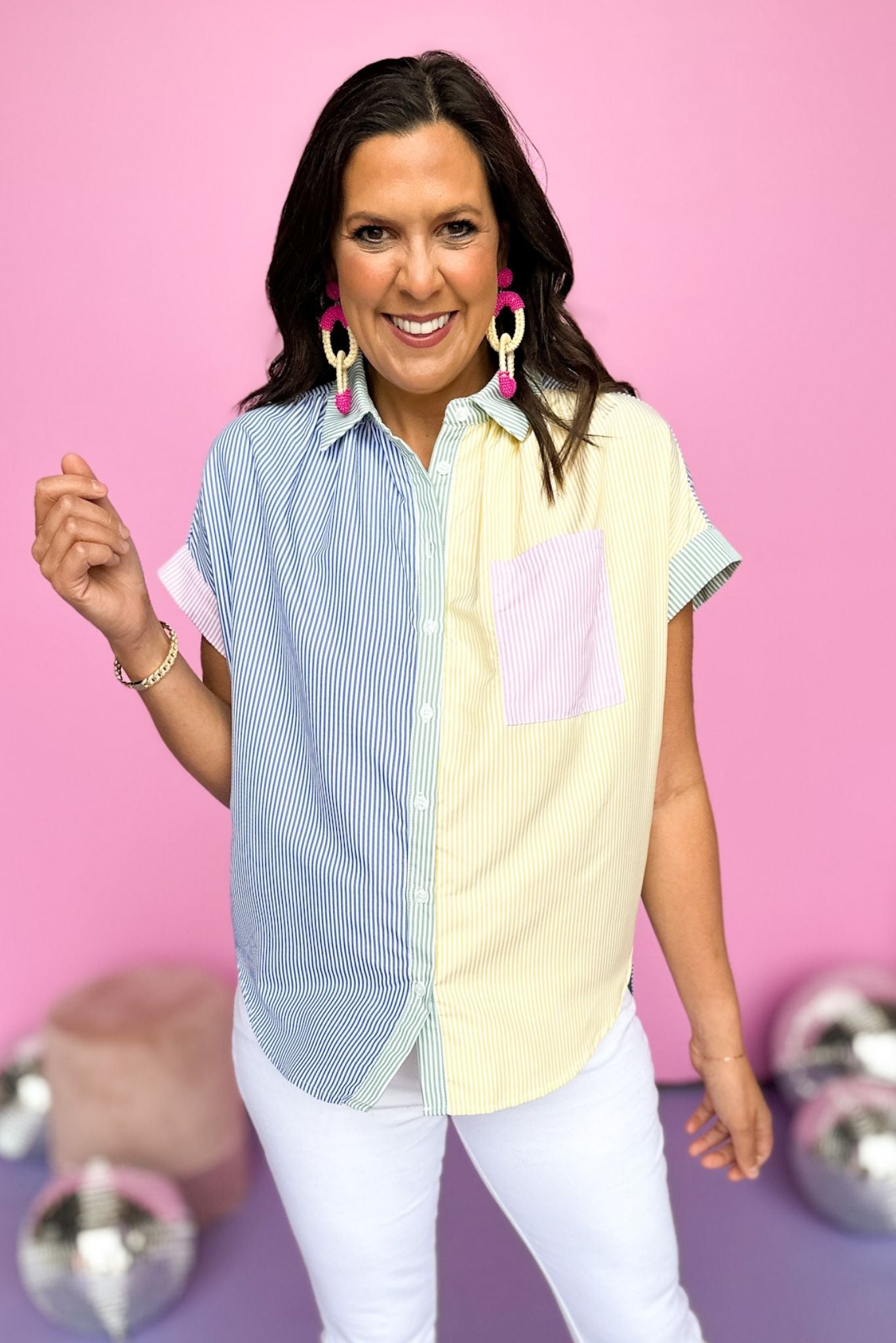Blue Yellow Stripe Colorblock Collared Button Down Top *FINAL SALE*