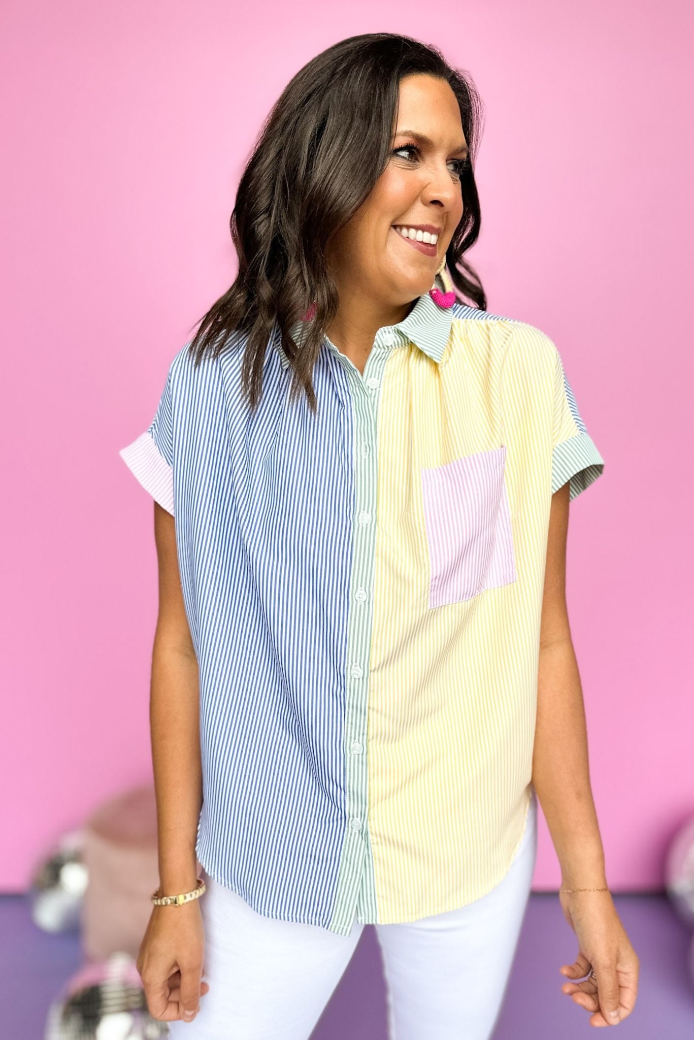 Blue Yellow Stripe Colorblock Collared Button Down Top *FINAL SALE*